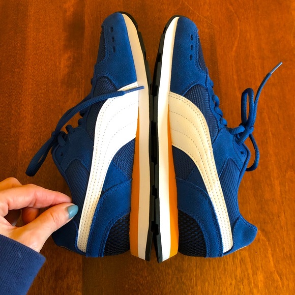 Puma Shoes - PUMA | Blue, white & yellow vintage style running shoe size 5